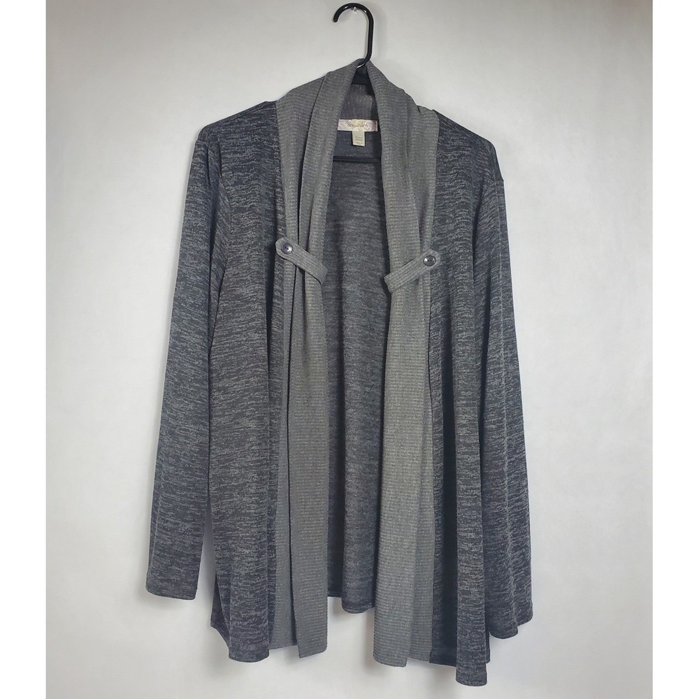 Dressbarn Womens Plus Size 24 Cardigan Gray Heathered Open Front Button Detail